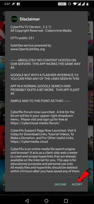 Accept Cyberflix Disclaimer